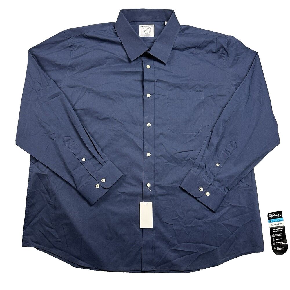 Bespoke Mens Dress Shirt Navy Blue Classic Fit Cotton Stretch XXL 18-18.5 34/35